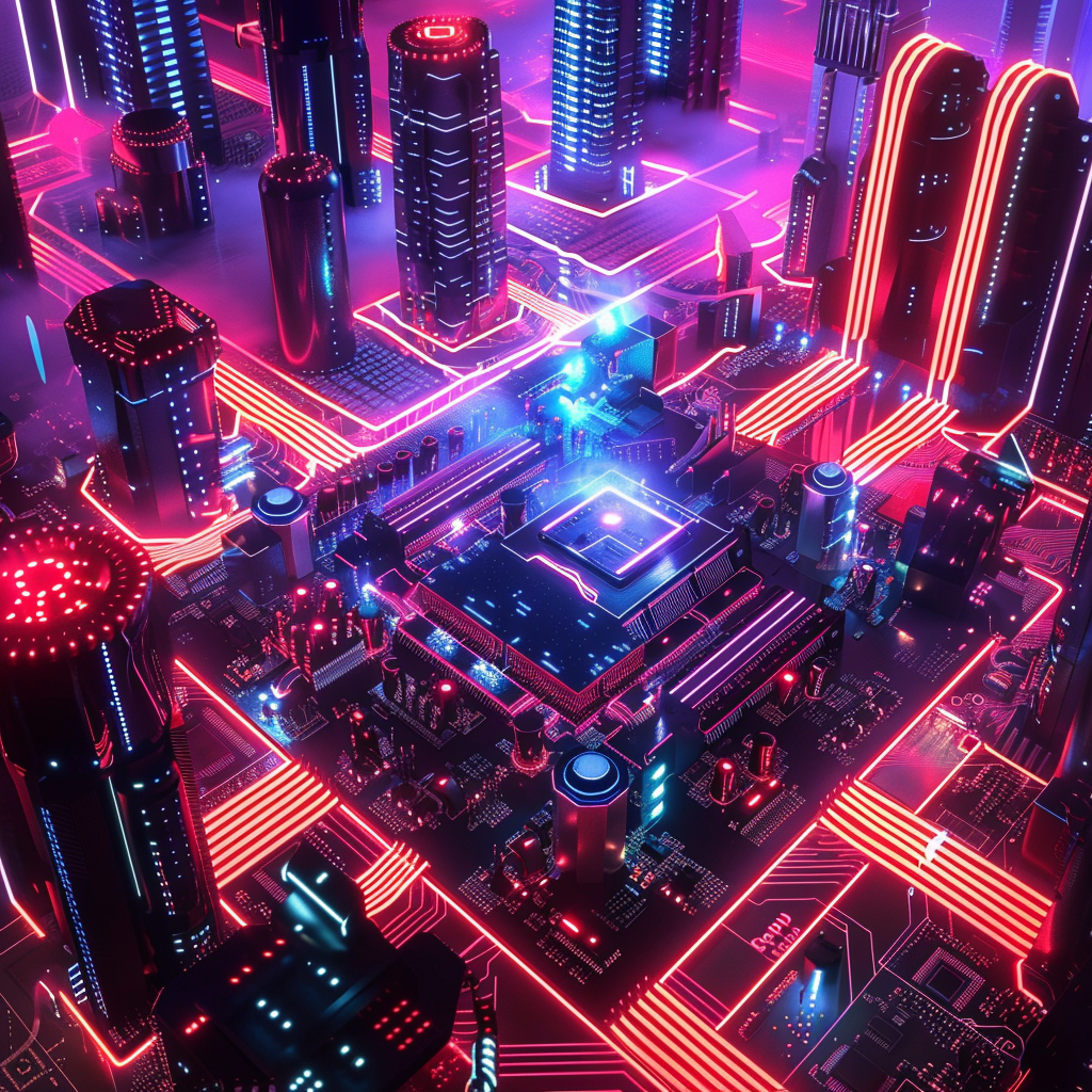 Futuristic neon city conductor CPU