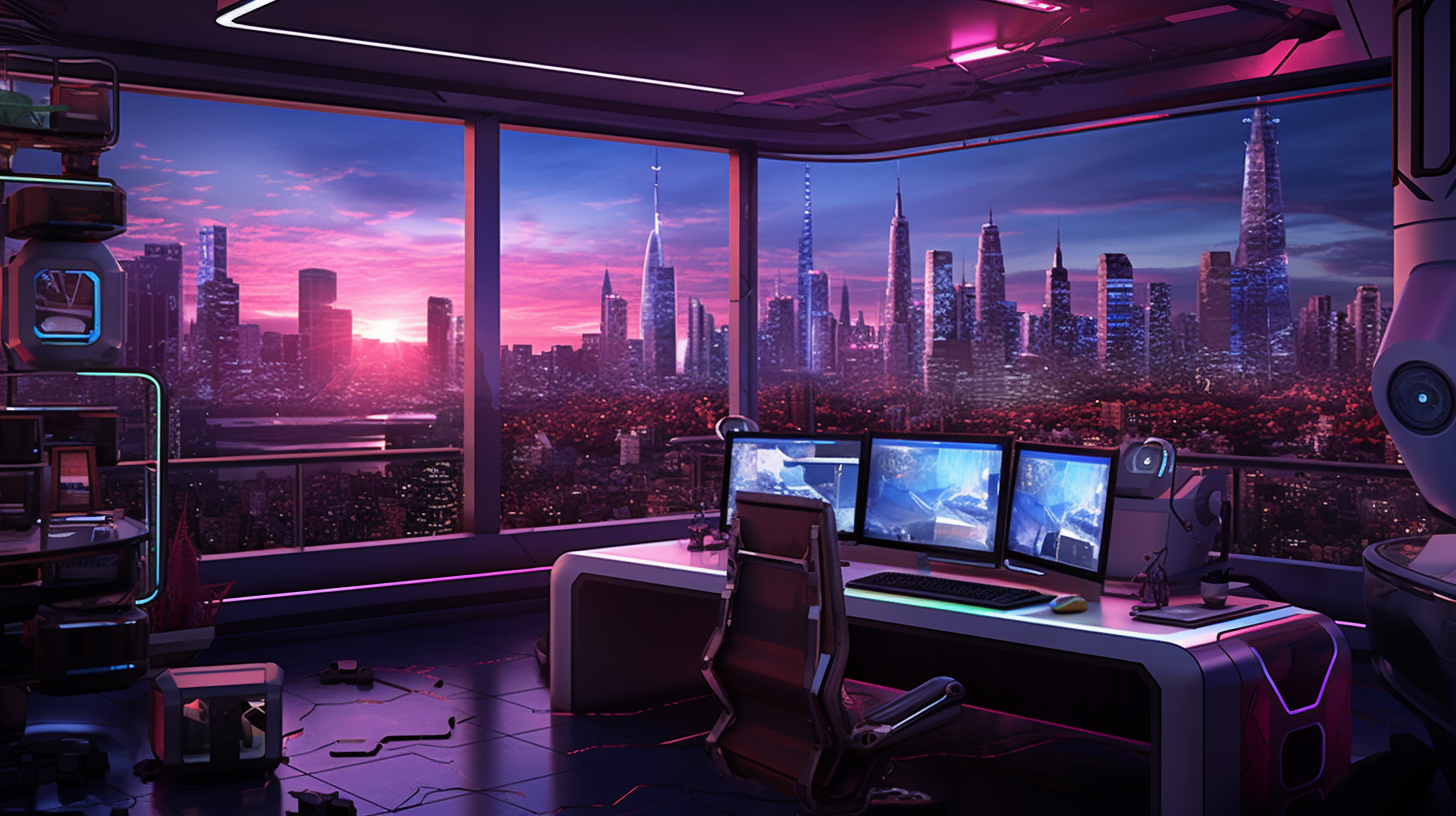 Futuristic apartment with hacker code on multiple screens