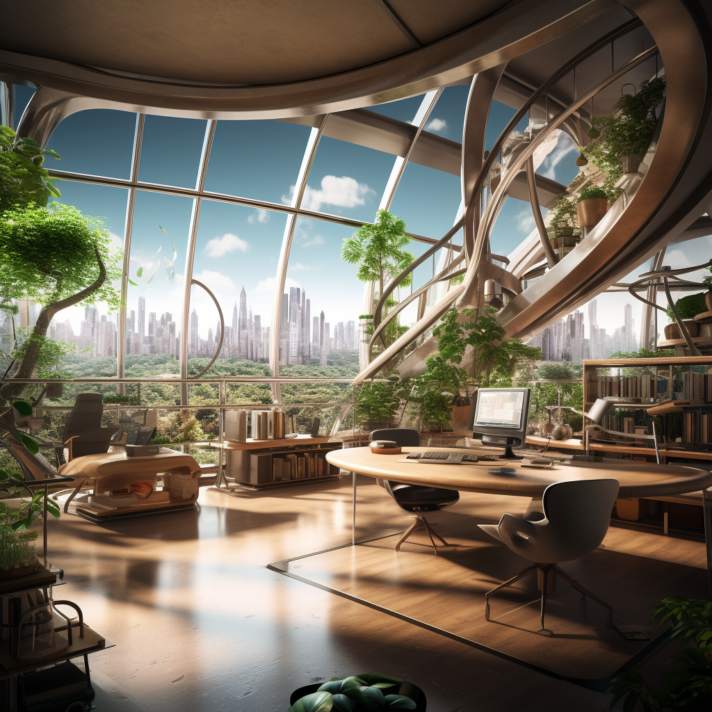 Futuristic office with live plants and wood furniture