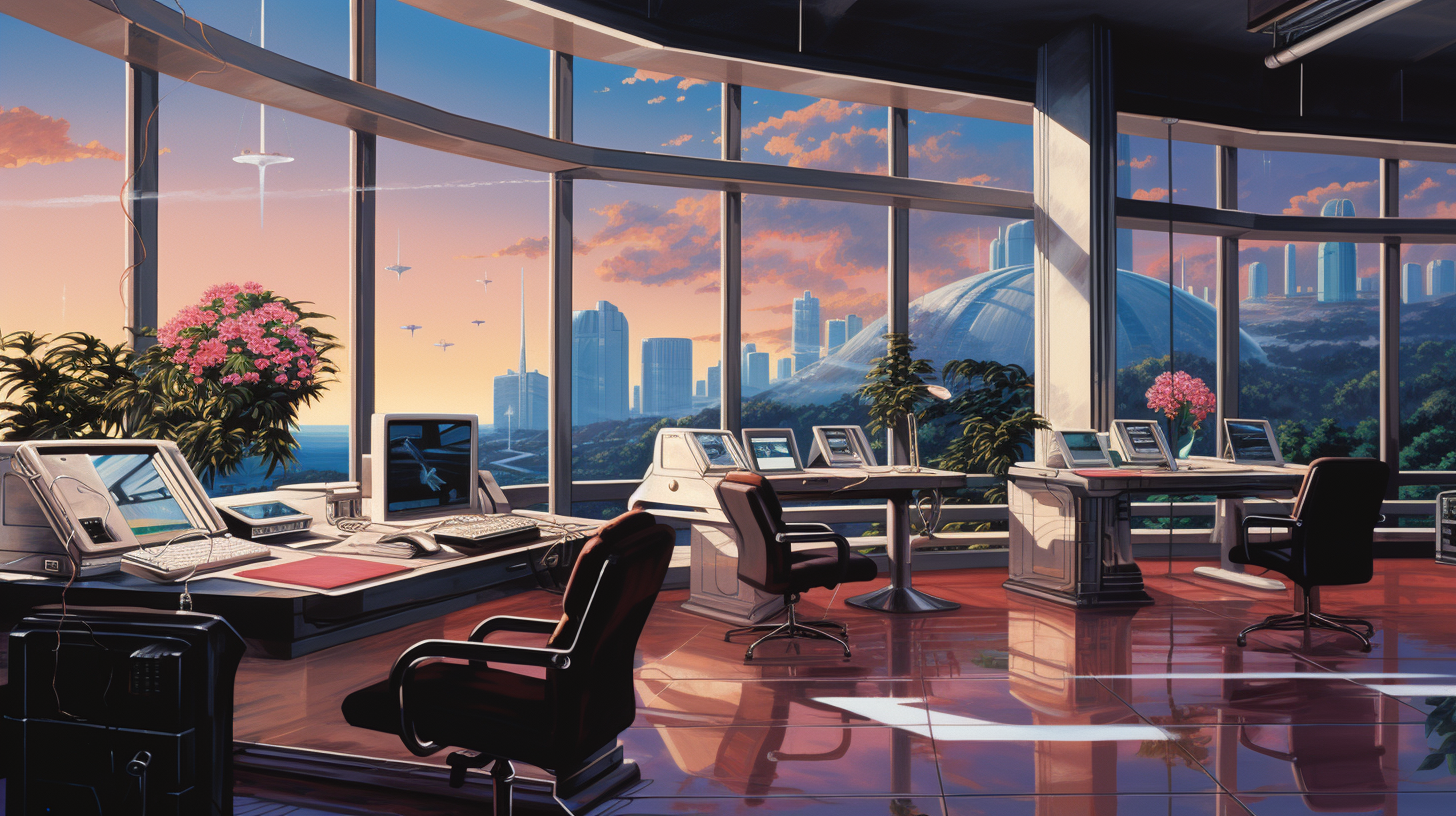 Futuristic office space with large windows and 1980s illustration