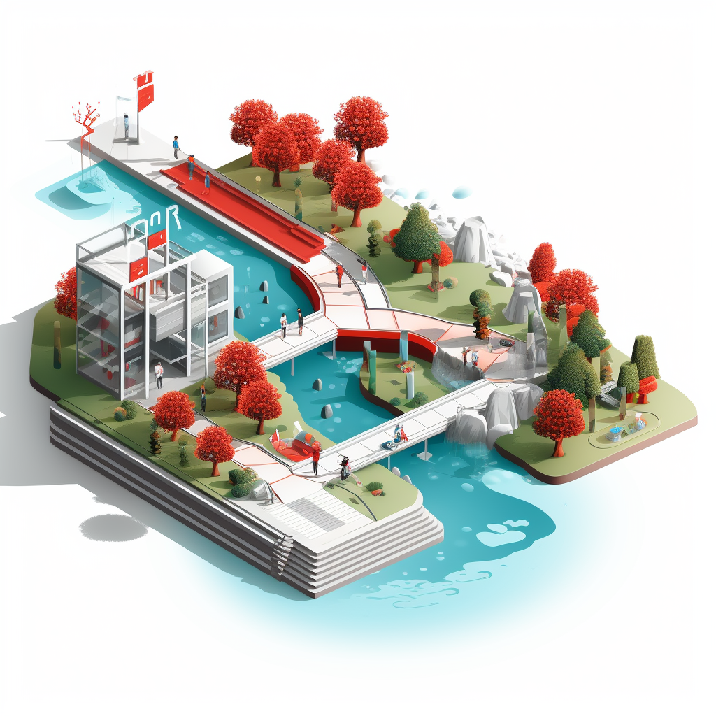 Isometric illustration of a futuristic park edge at the water