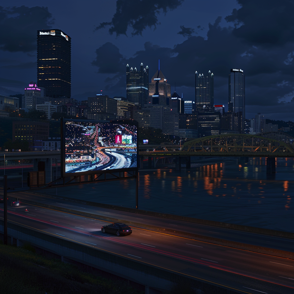 LED billboard in futuristic Pittsburgh