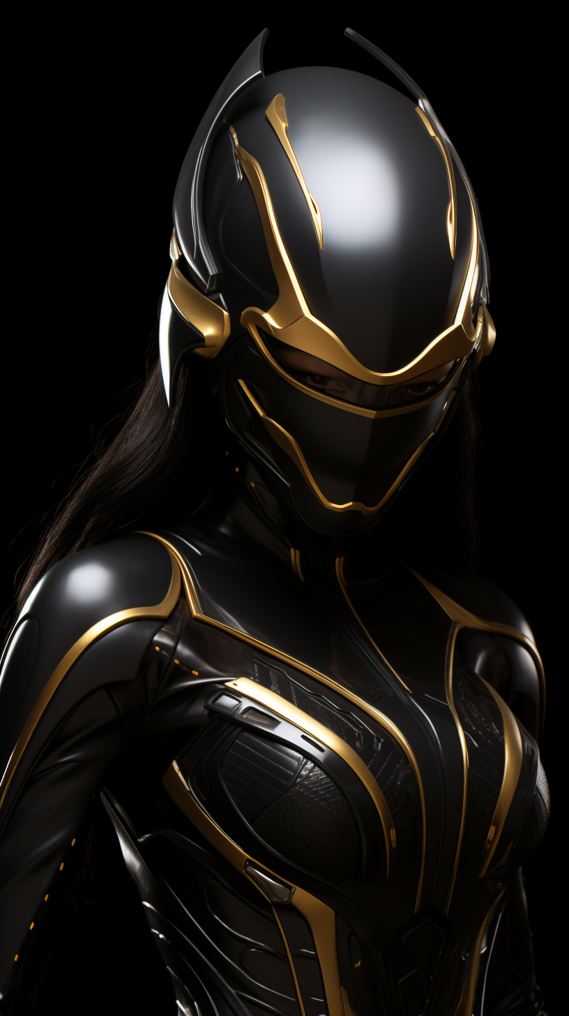 Futuristic Power Ranger Girl in Black Gold Helmet