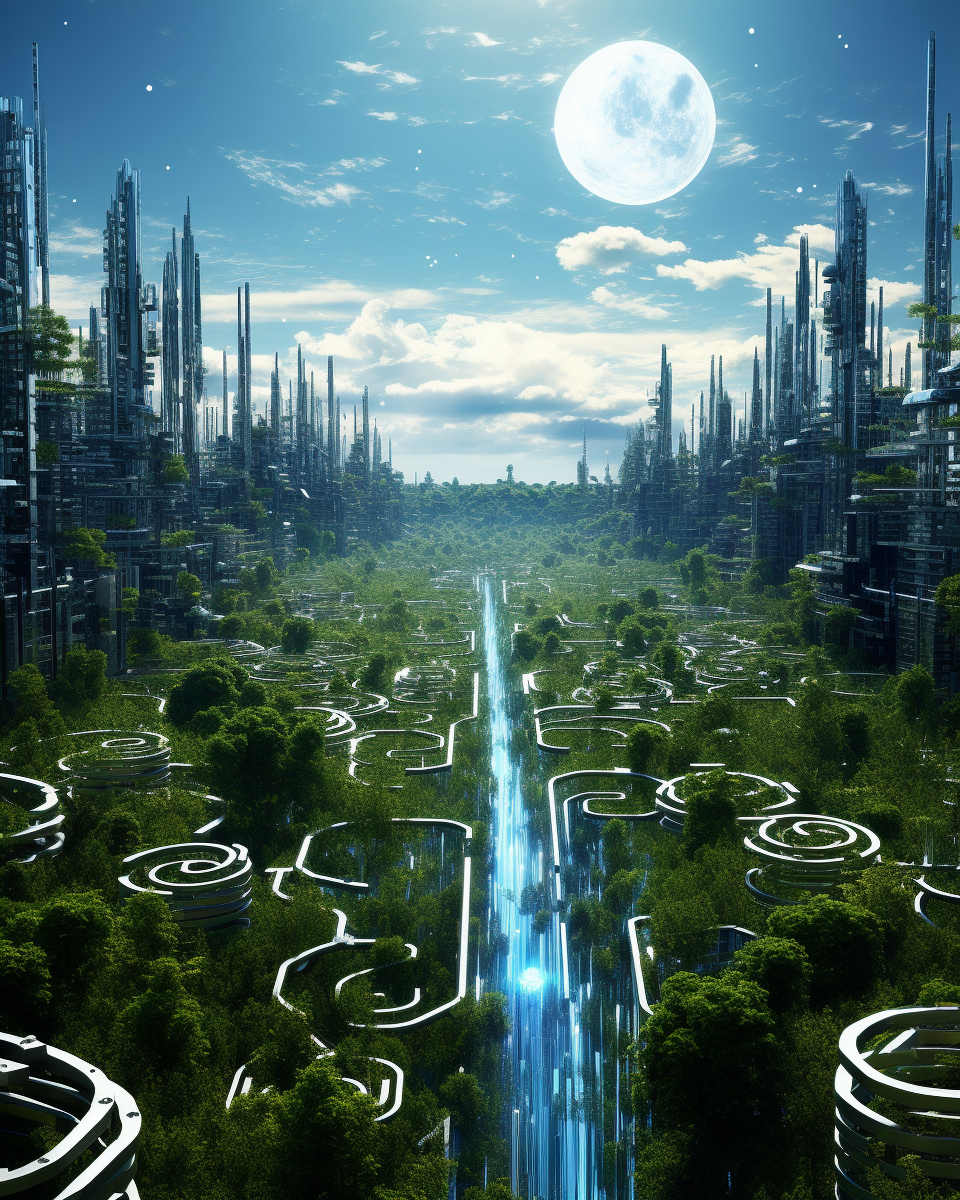 Futuristic Quantum Computer in Overgrown City