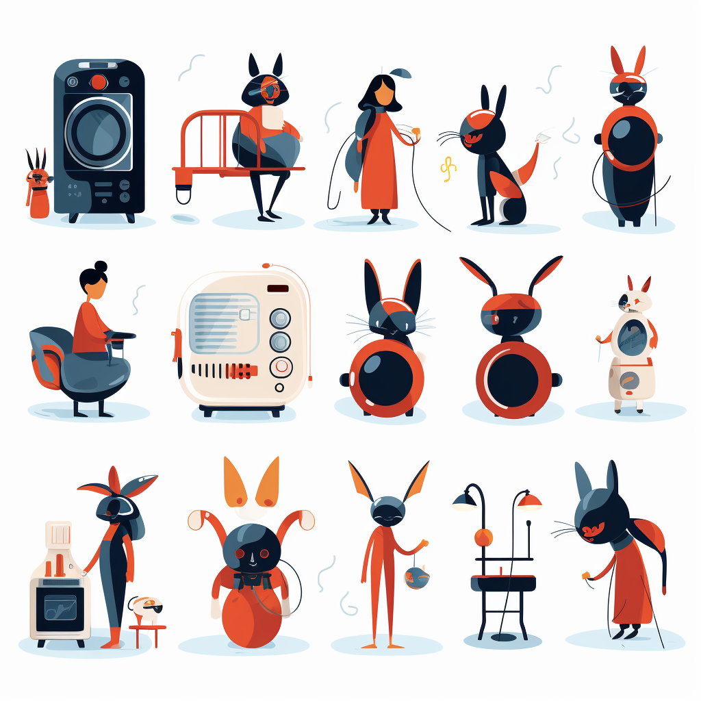 Cartoon futuristic rabbit humans with home appliances