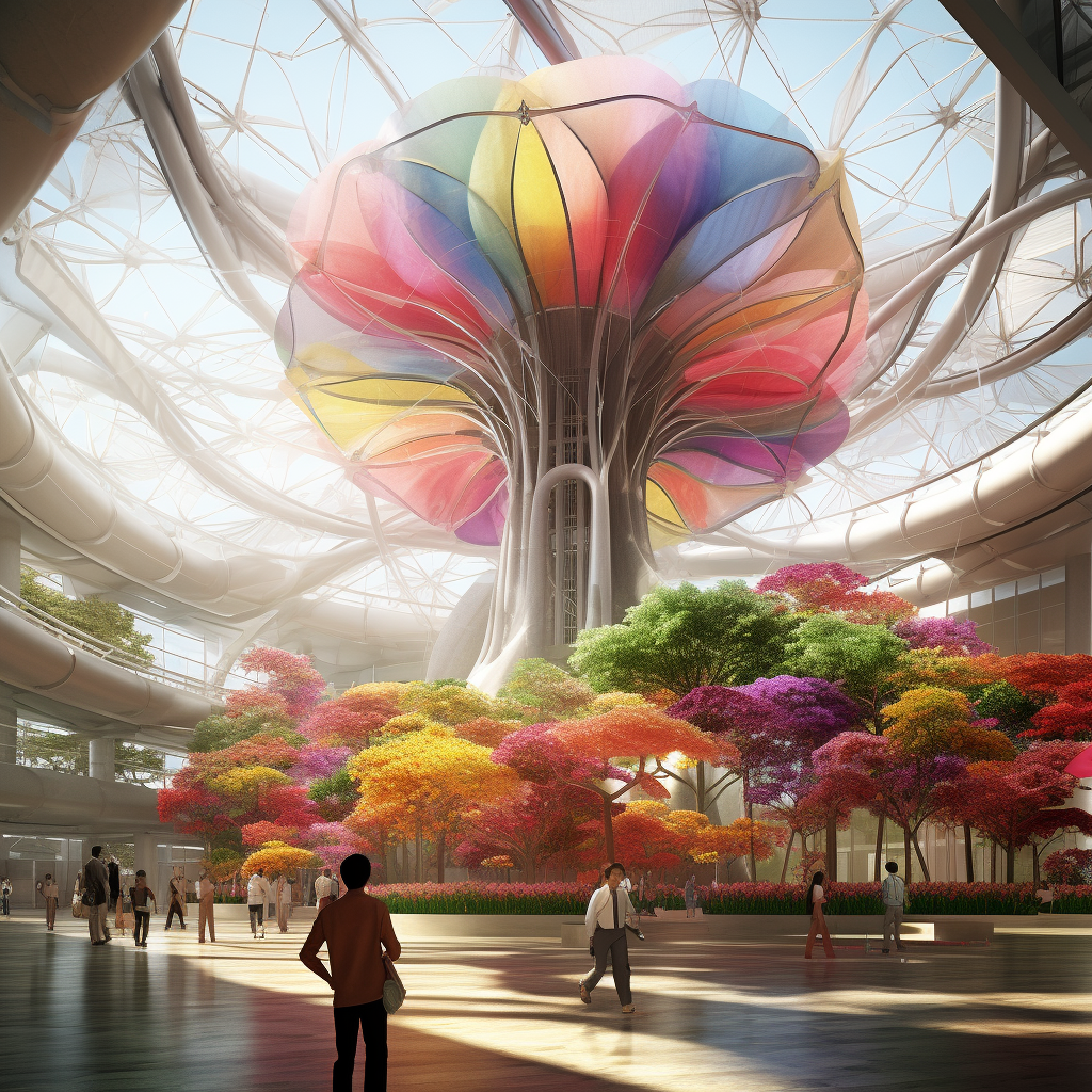 Futuristic rainbow windmill in colorful future city