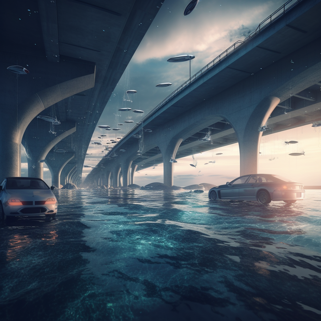 Futuristic Realistic Overpass Cars Water