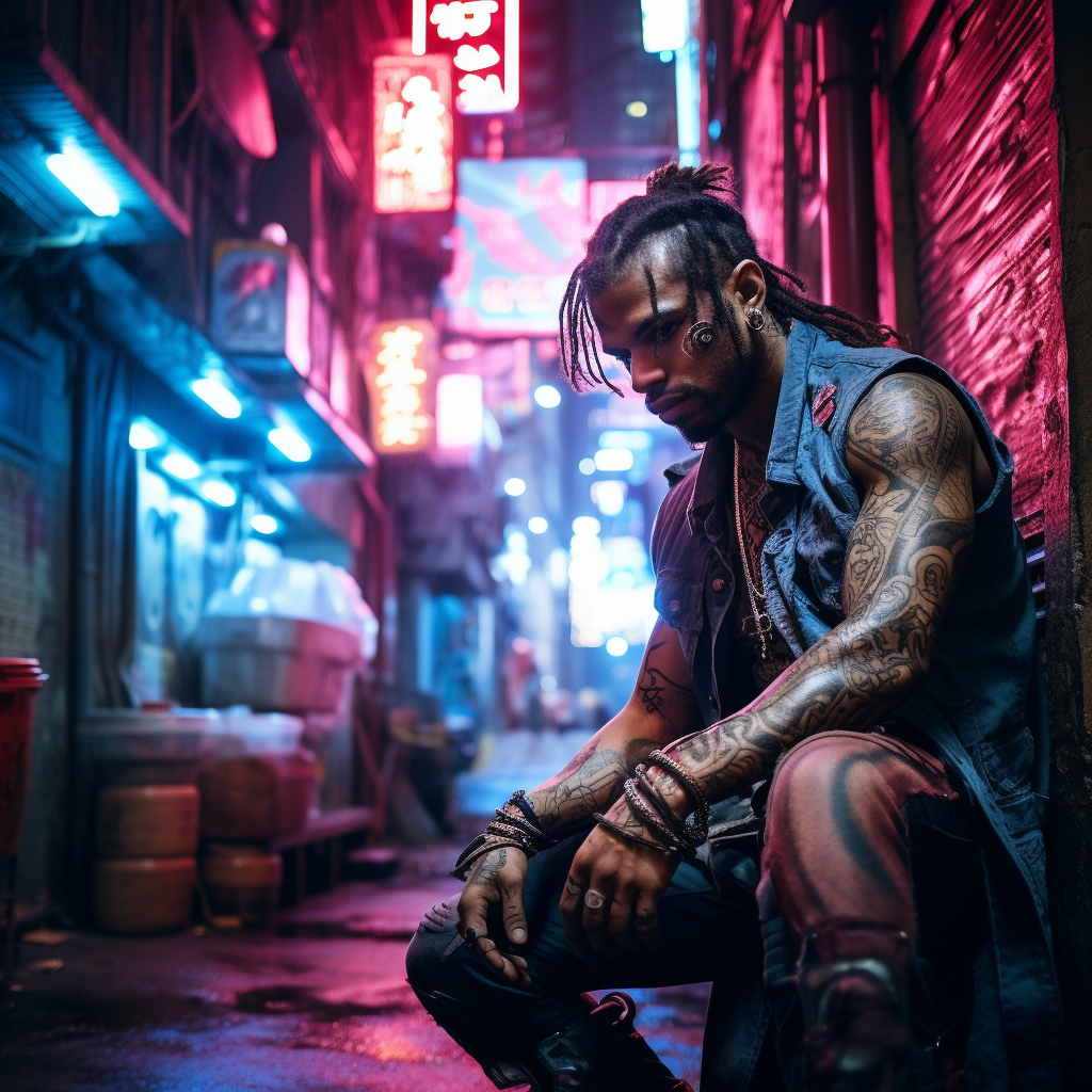 Rebel with neon tattoos in futuristic city