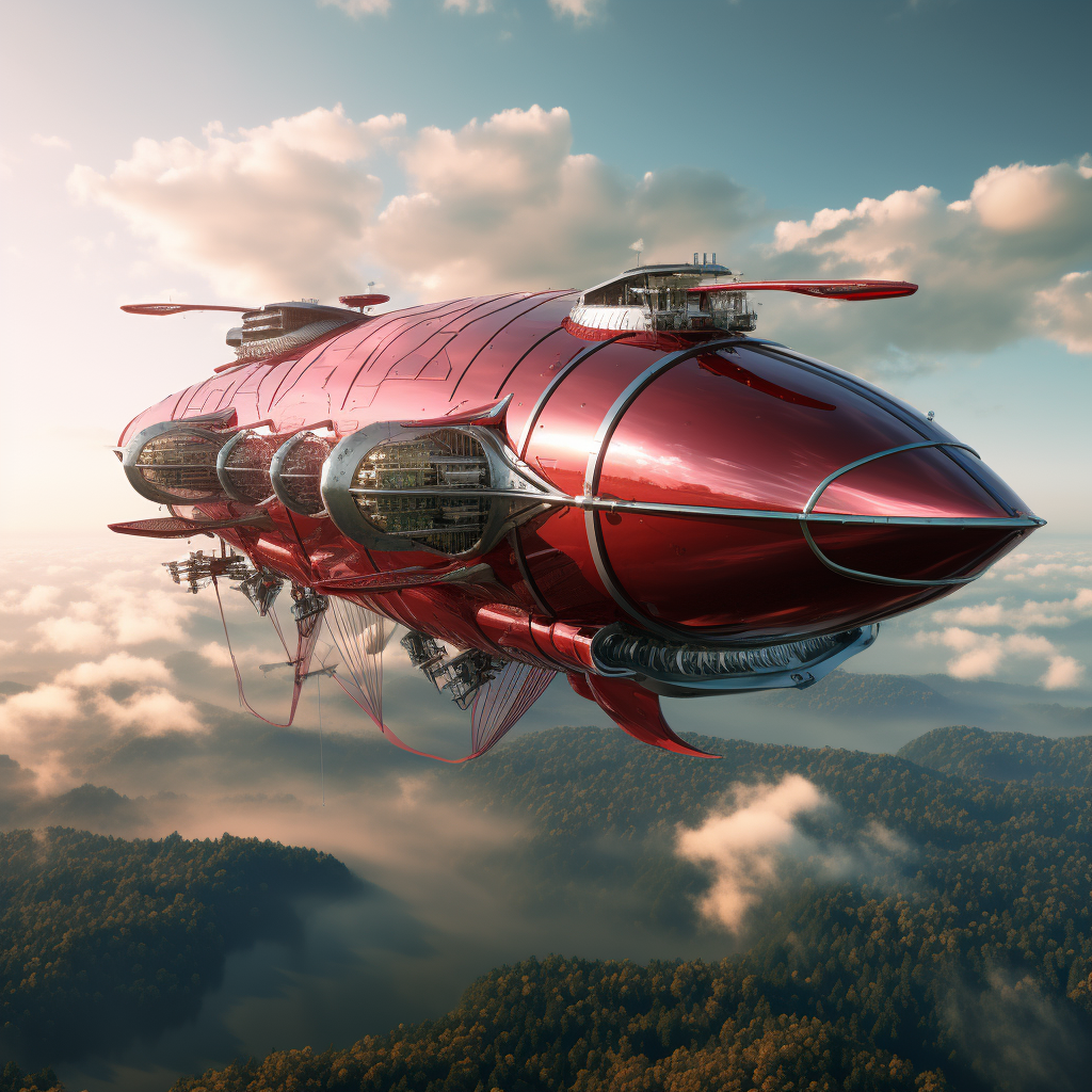 Futuristic red airship blimp flying high