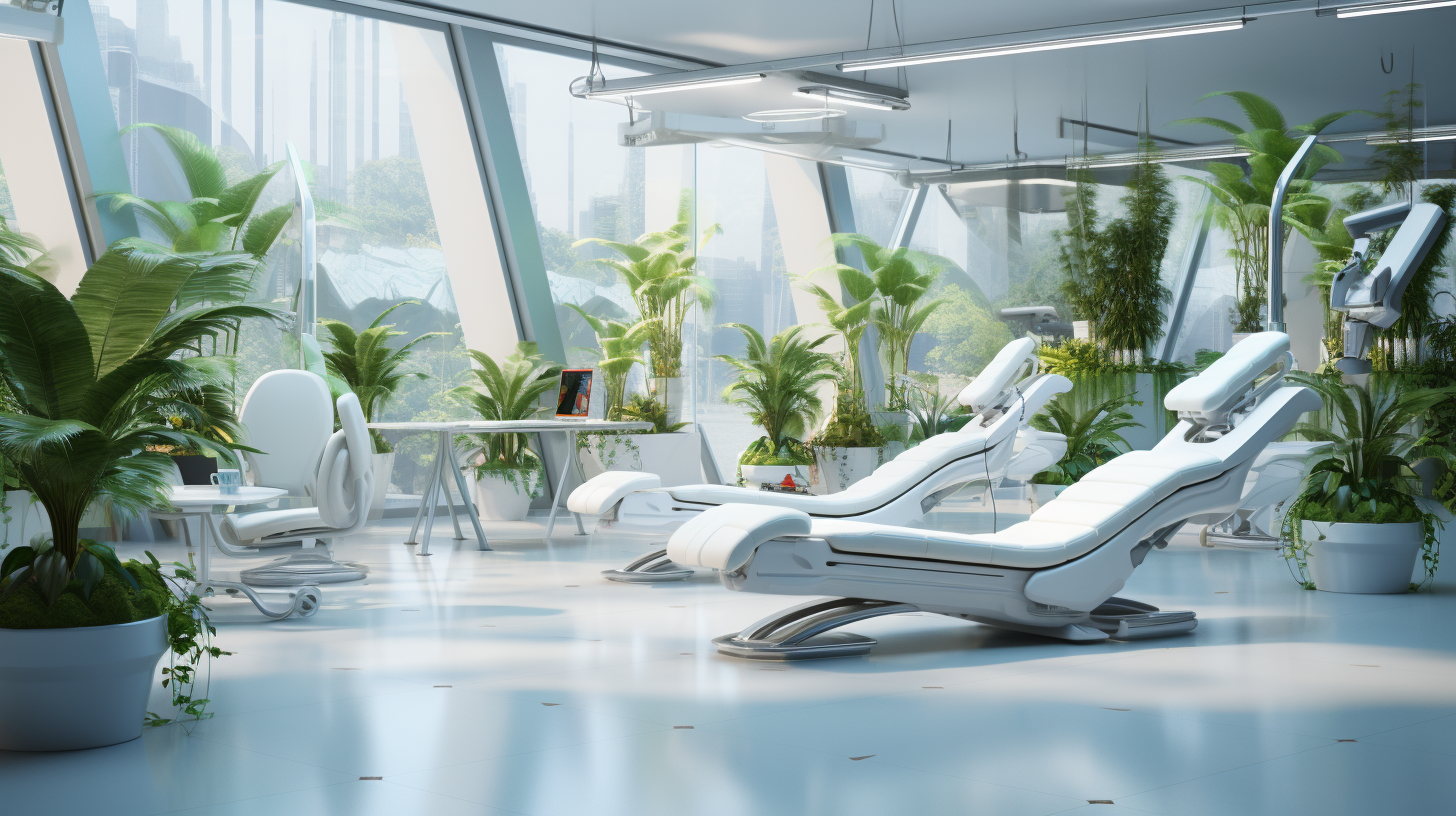 Futuristic rehabilitation room with tables and plants