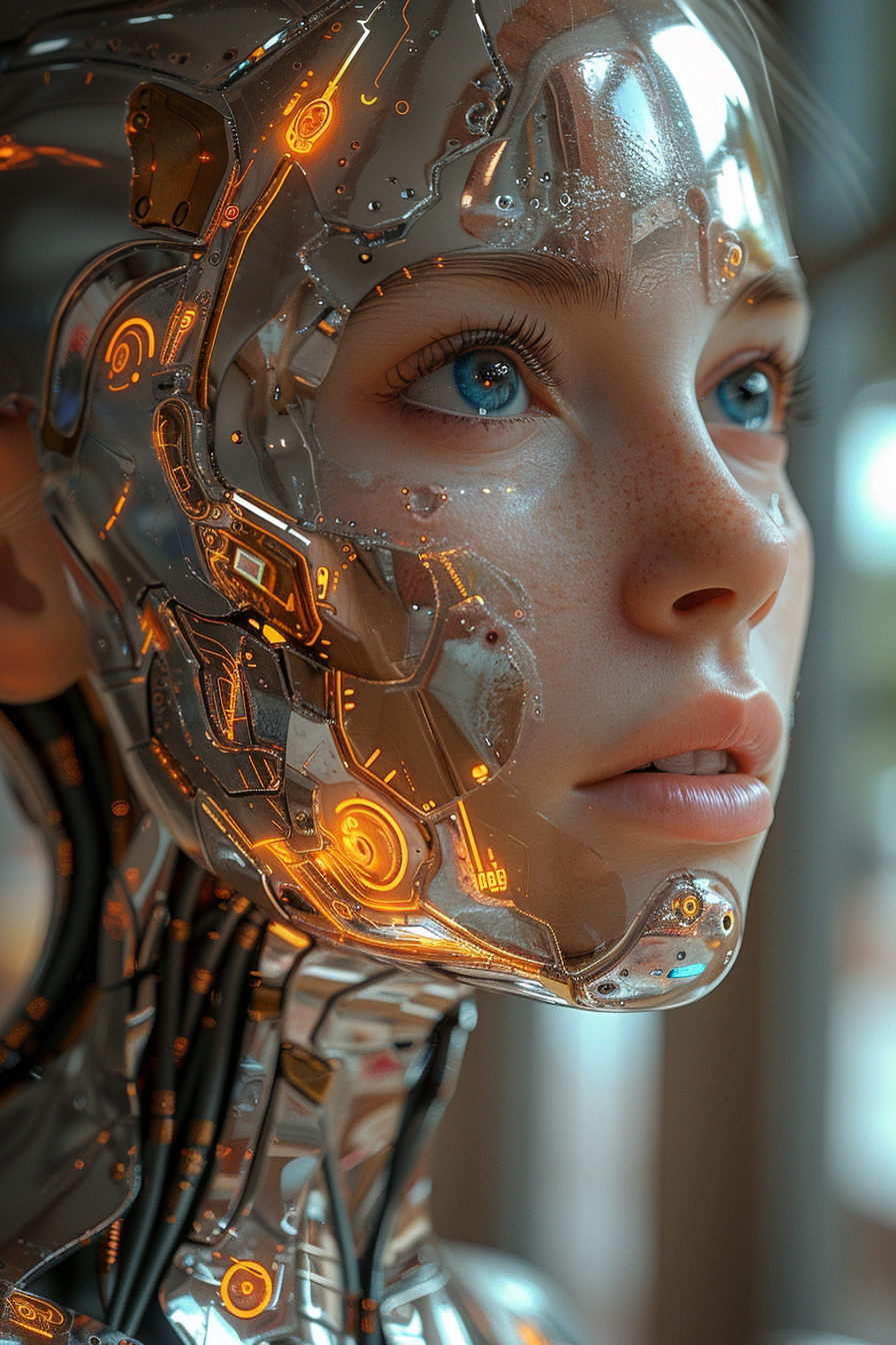 Futuristic robot girl in hyperrealist space