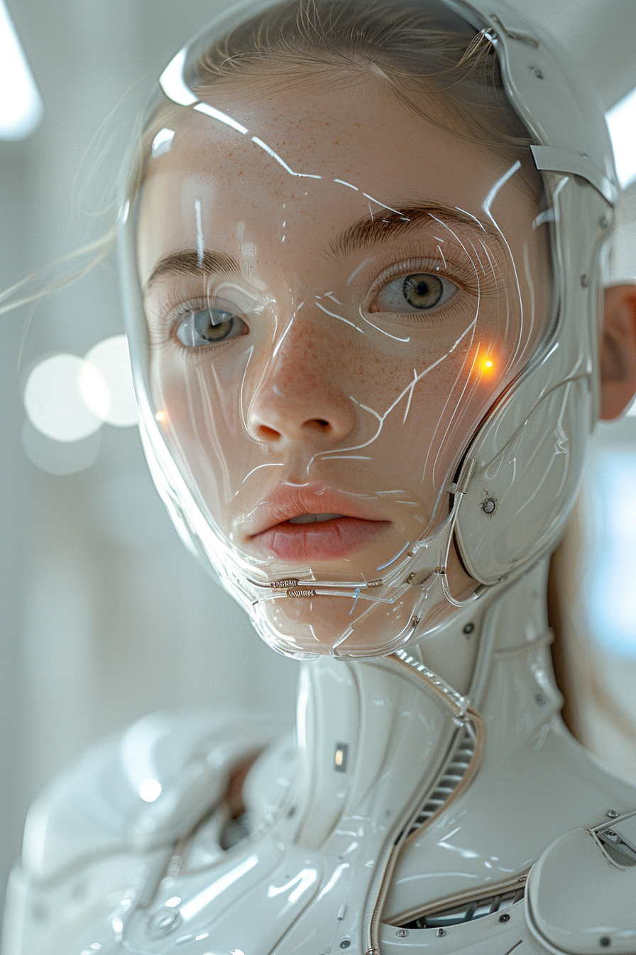 White metallic futuristic robot girl