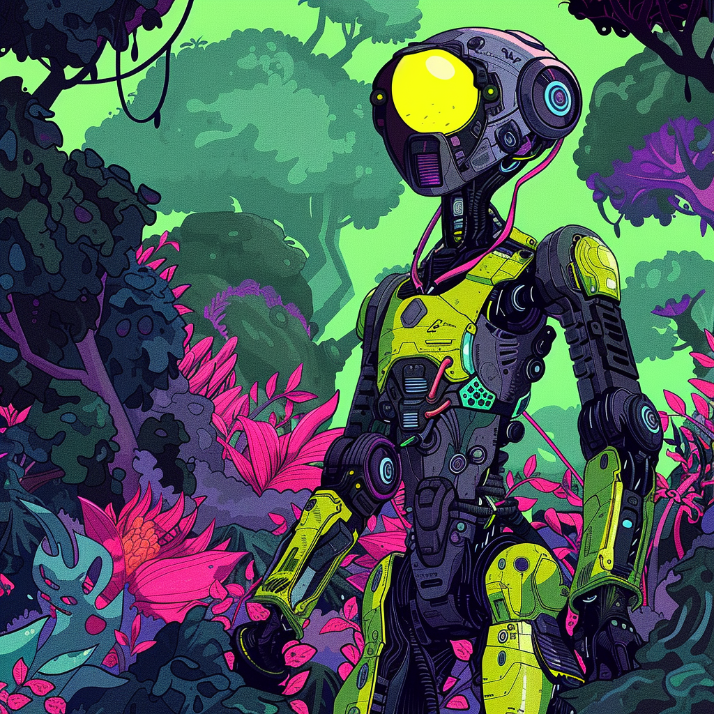 Detailed colorful comic-style futuristic robot