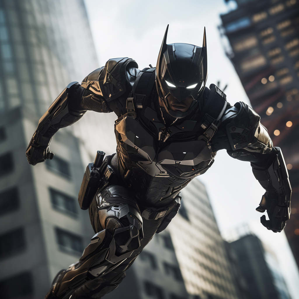 Futuristic Robotics Batman Leaping Between Tall Buildings