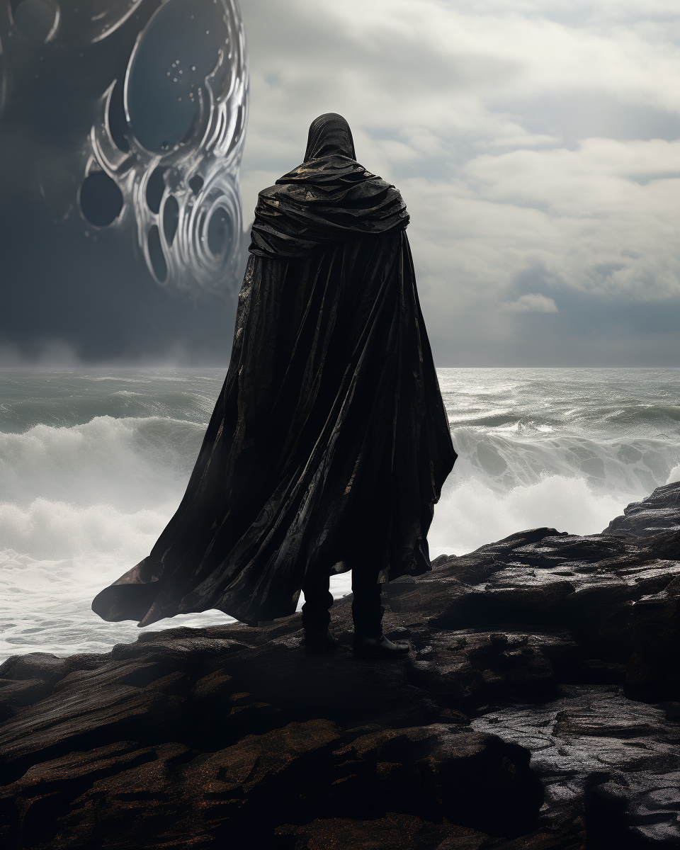 Character with Cape among Dark Futuristic Rocky Waves