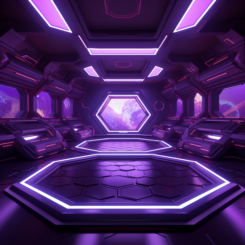 Futuristic purple-lit room with hexagon