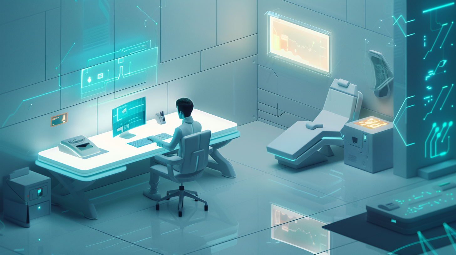 Person using computer in futuristic room