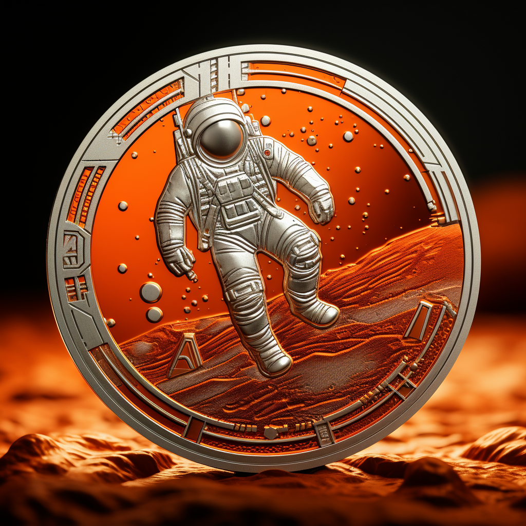 Futuristic Scarlett Orange Astronaut Landing on Genesys Coin