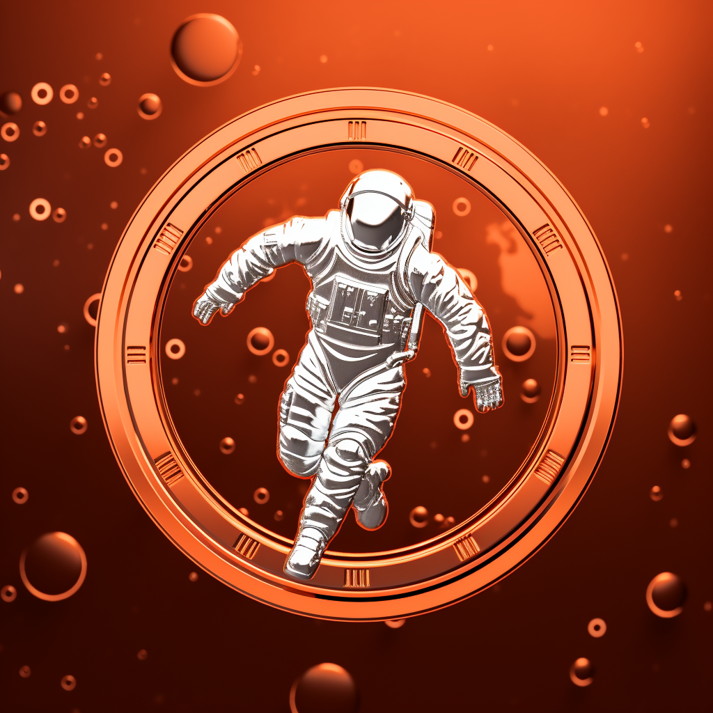 Engraved futuristic sci-fi orange astronaut floating in space