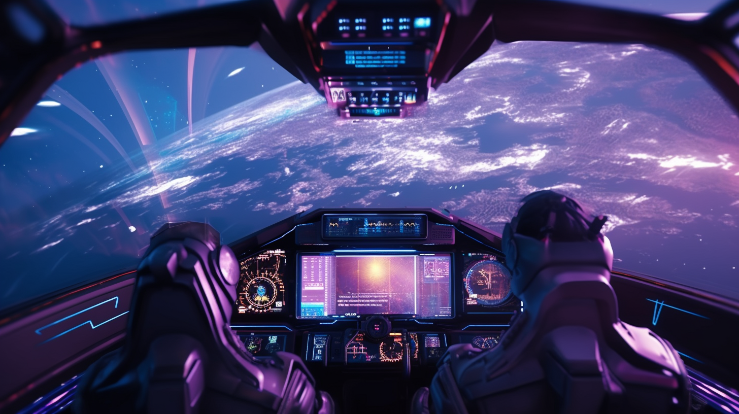 Futuristic spaceship cockpit with windows, charts, and smoke