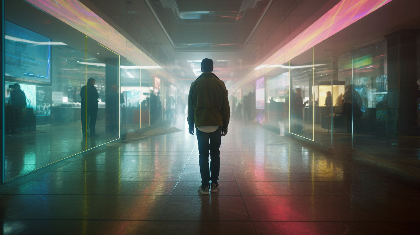 Man walking through futuristic shopping mall