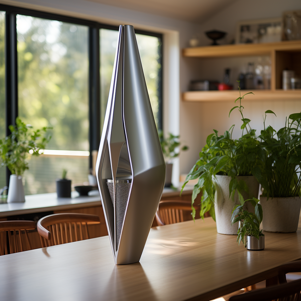 Futuristic silver stove vent hood in upscale kitchen