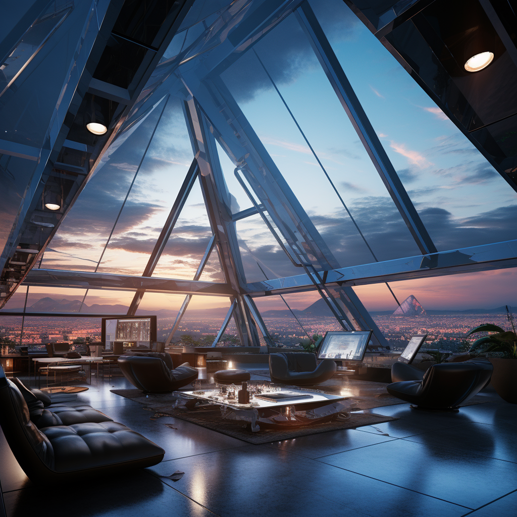 Futuristic sky lounge with pyramid architecture and technology