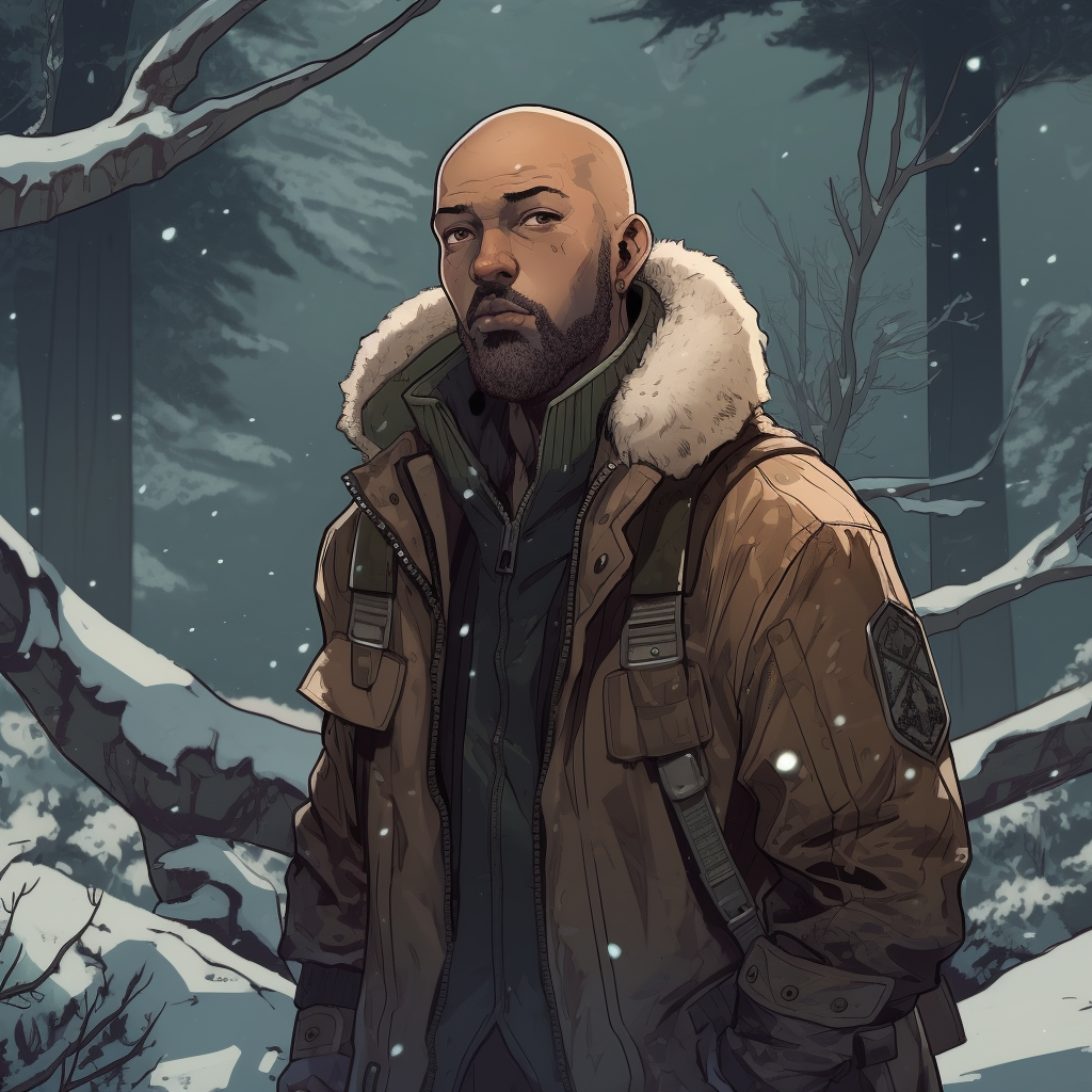 Tough futuristic hunter in snow-covered forest