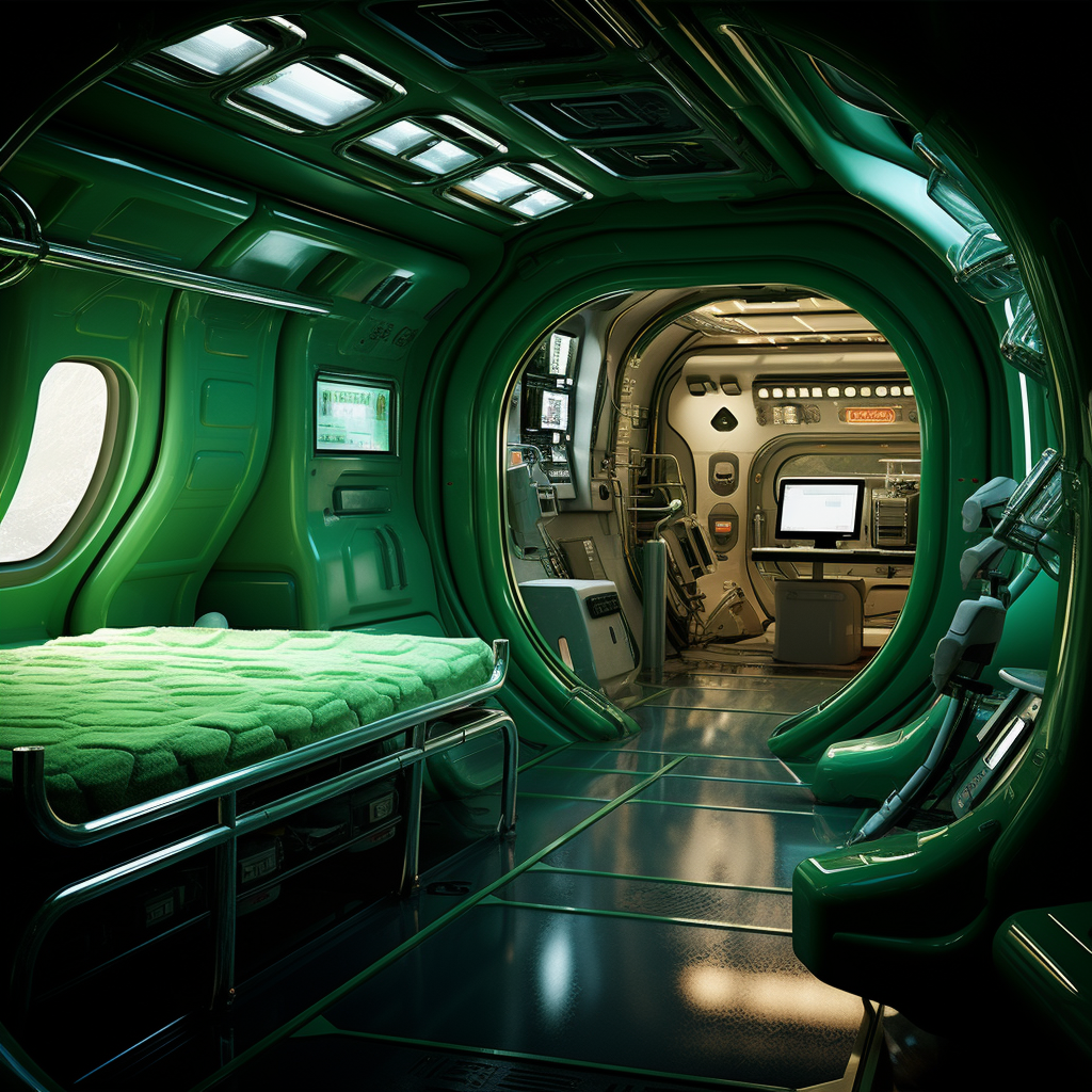 Futuristic space station cabin with green hues