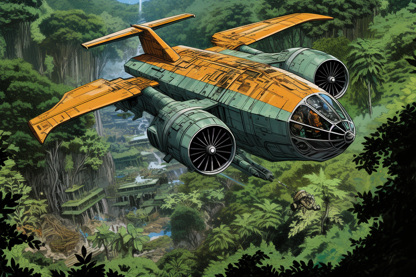 Spaceship taking off from jungle