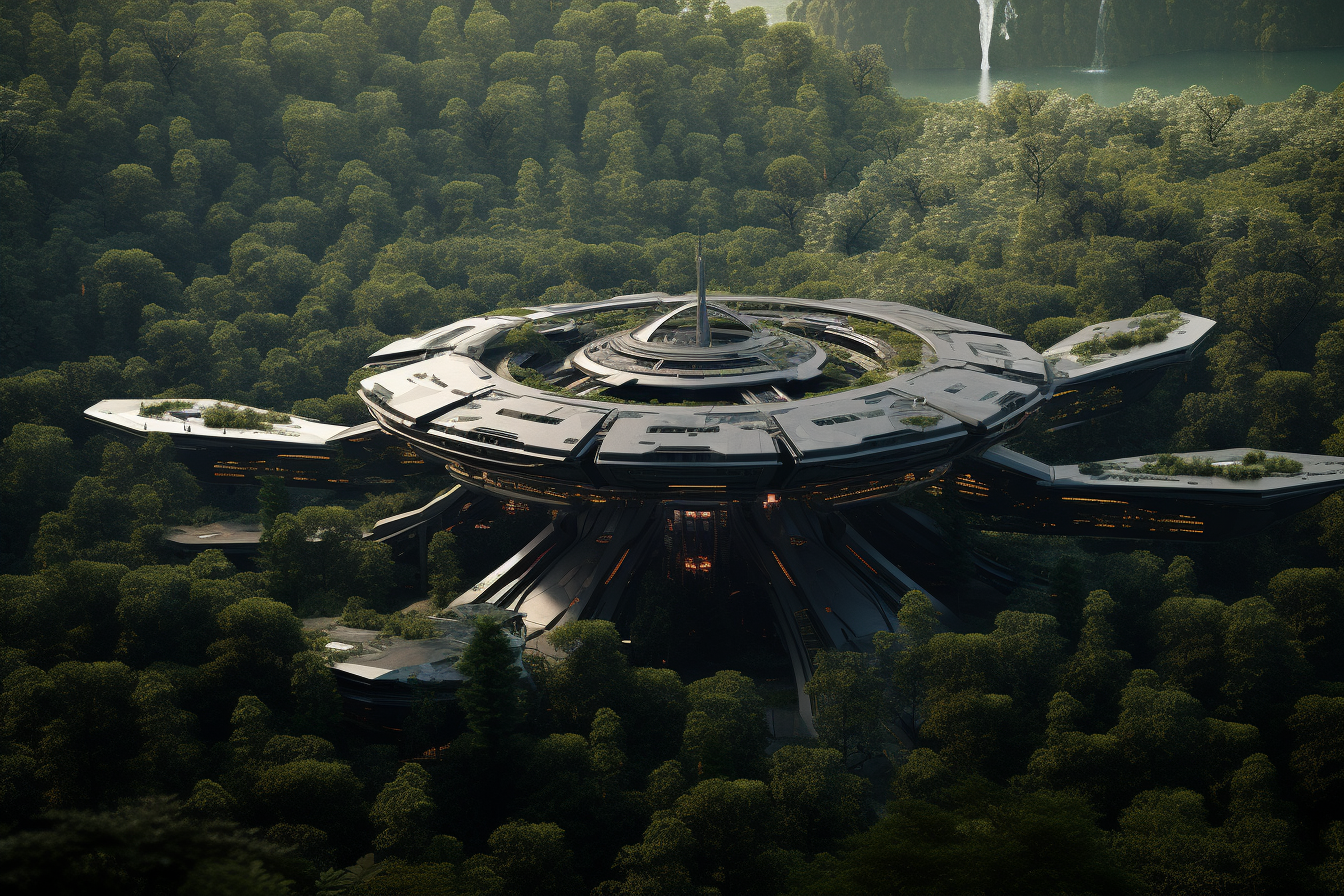 Futuristic Spaceship in Jungle Takeoff