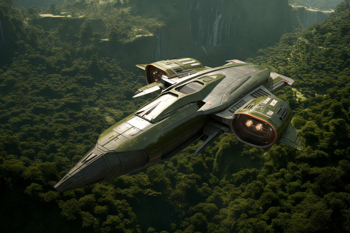 Spaceship taking off from jungle