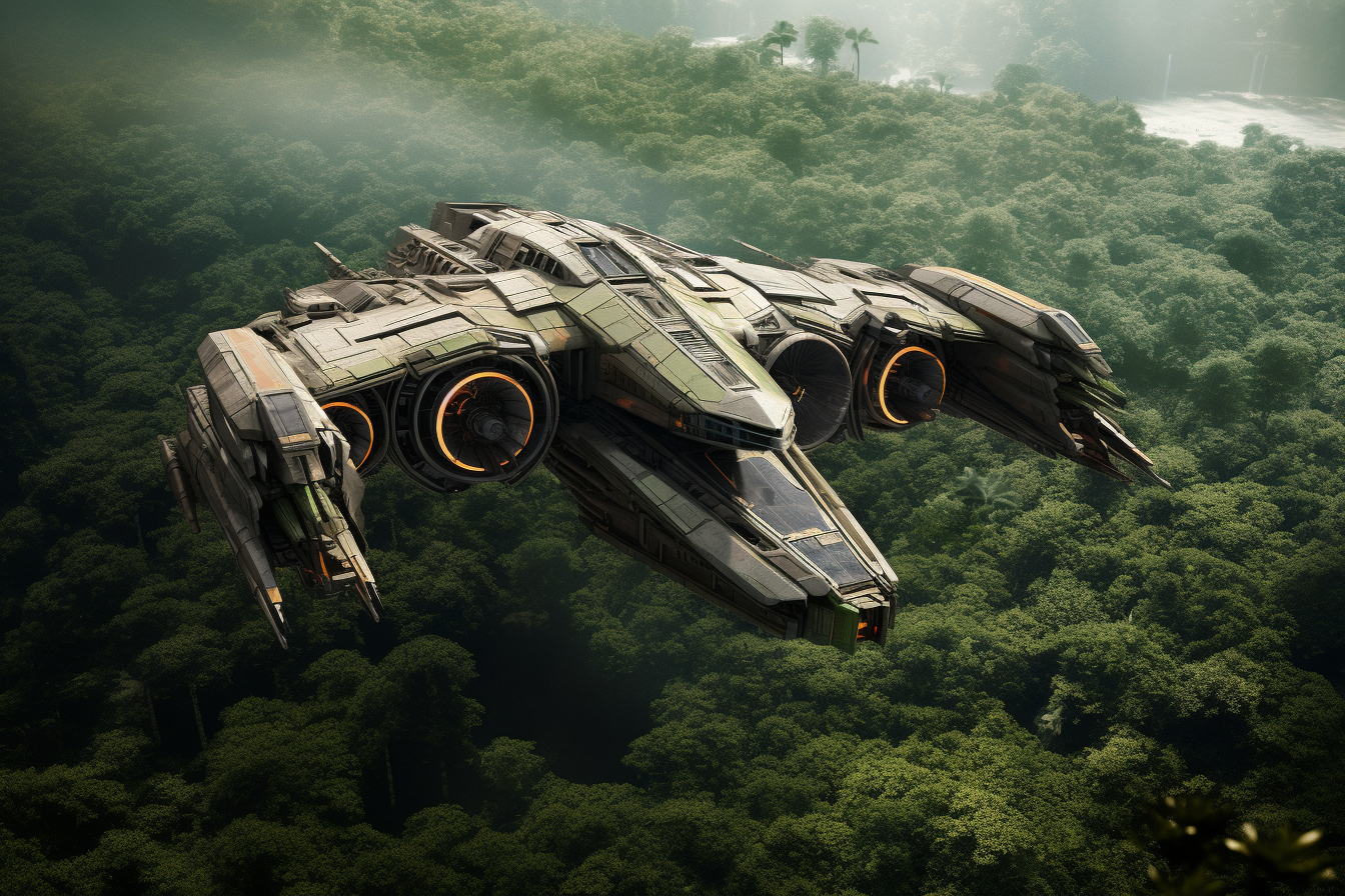 Spaceship taking off from jungle