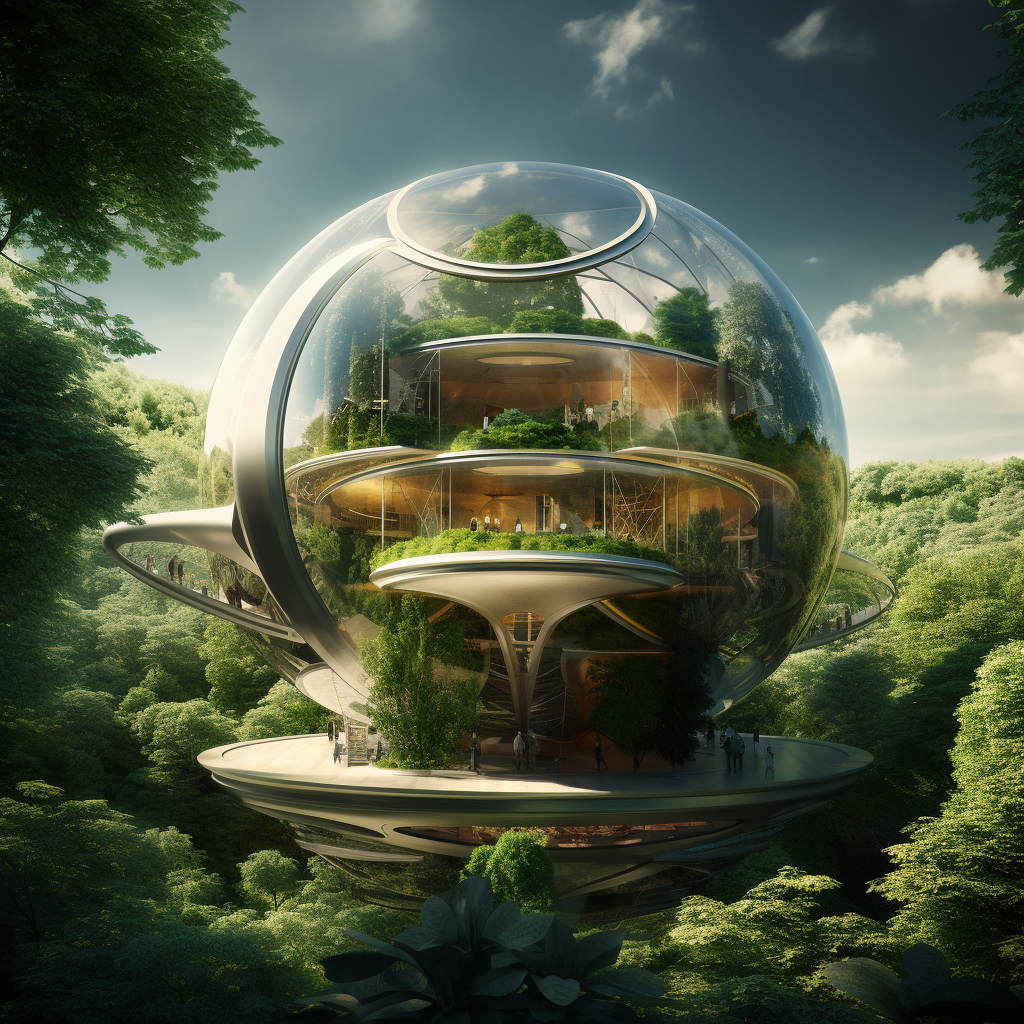 Futuristic spherical building with open roof and vegetation