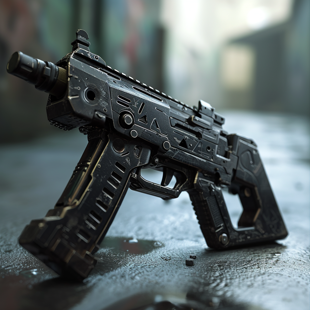 Futuristic submachine guns in cyberpunk game