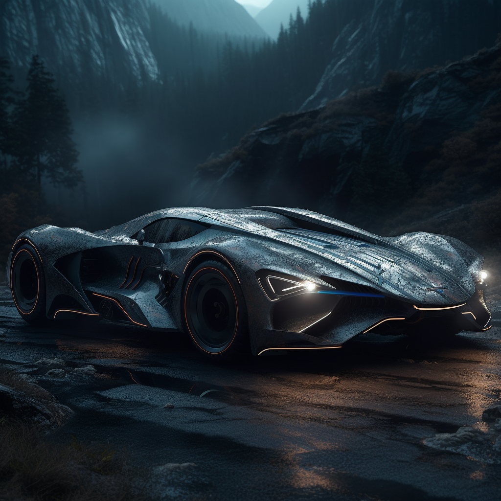 Metallic gray futuristic race car on mountain road