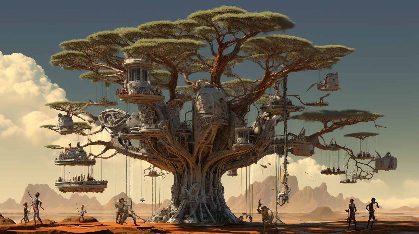 Futuristic tree with swinging humans