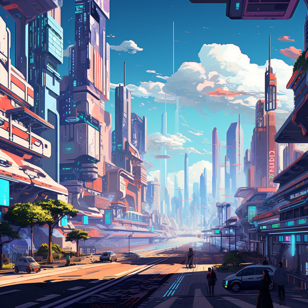 Vibrant futuristic city landscape in Syd Mead style