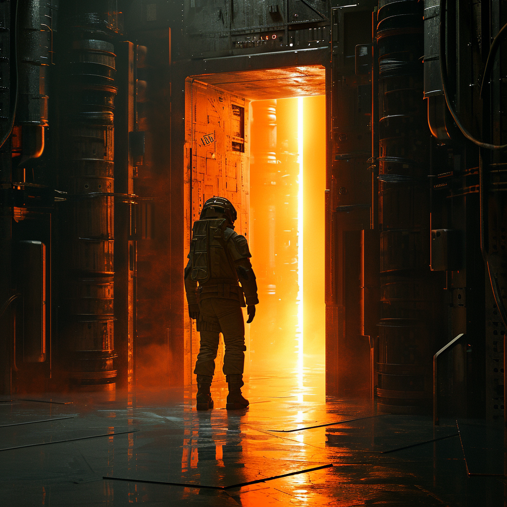 Man in Futuristic Clothing at Door with Glowing Orange Light