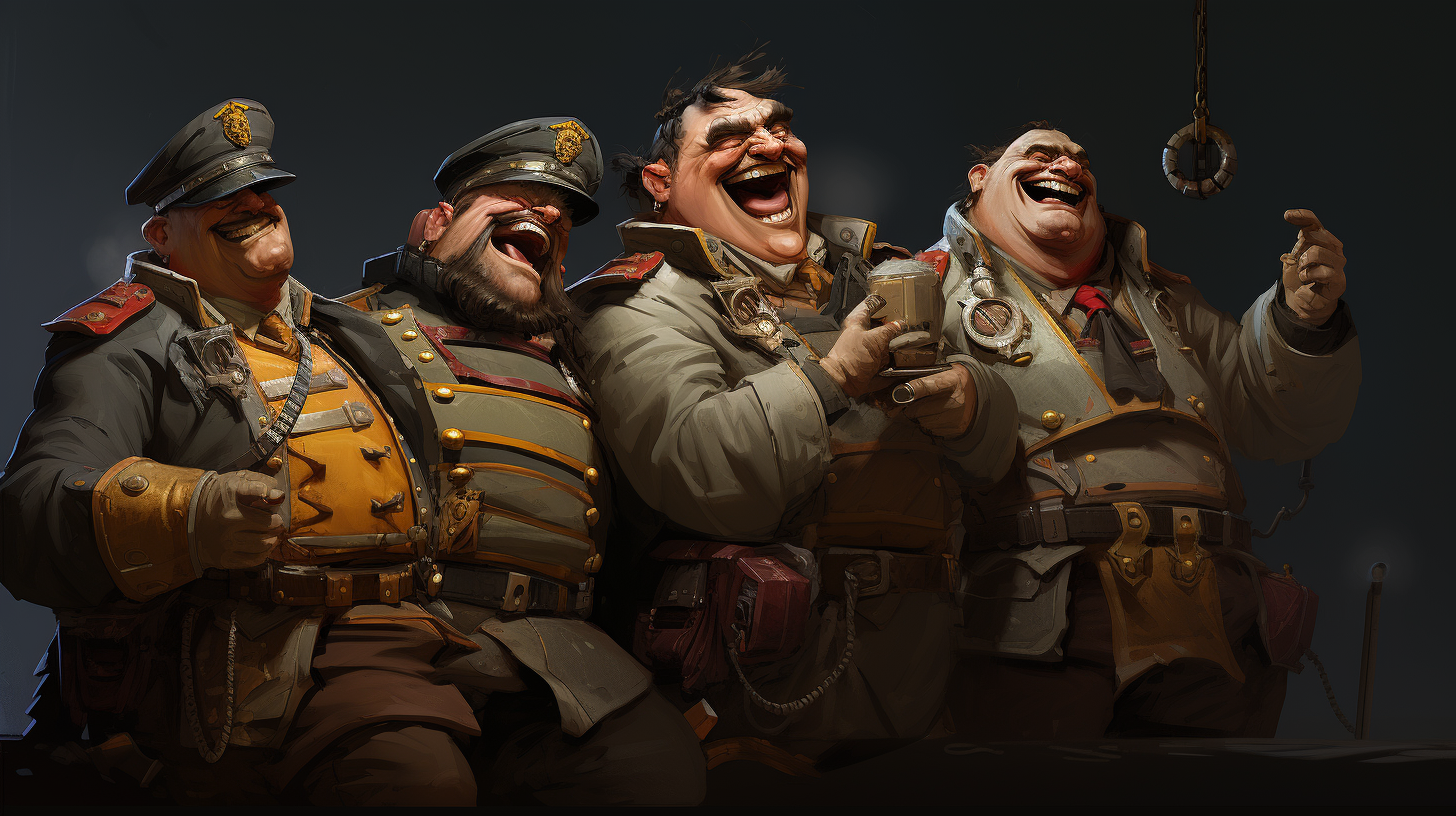 Futuristic tank commanders laughing in stylized fashion