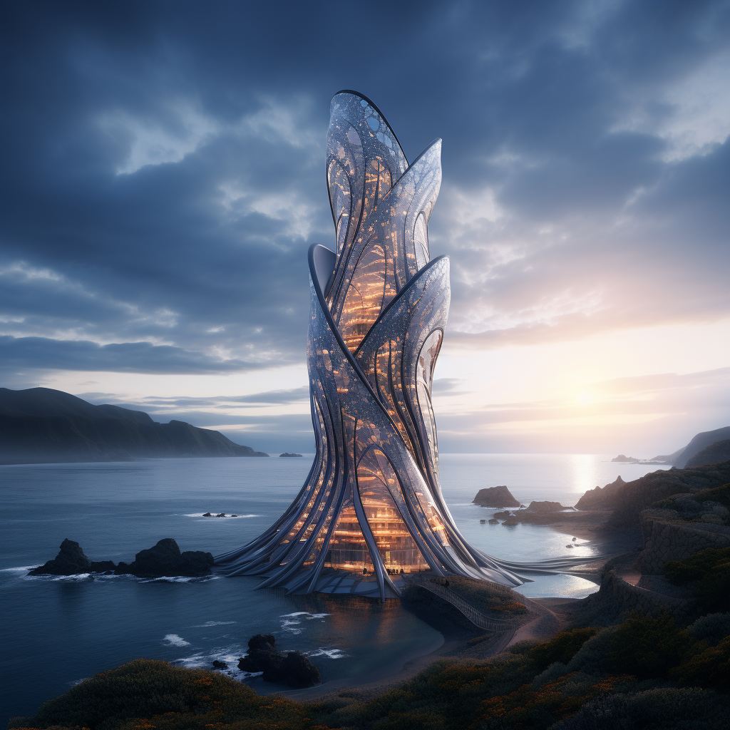 Futuristic tower construction on cliff by the ocean