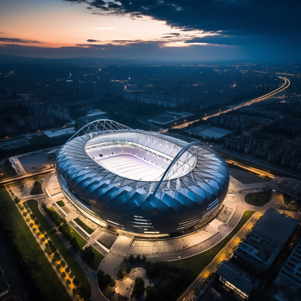 Aerial shot of futuristic Turin Italy World Cup Stadium