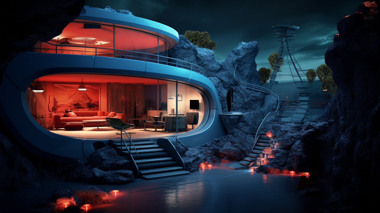 Underground Home with Blue Tones and Red Spotlight