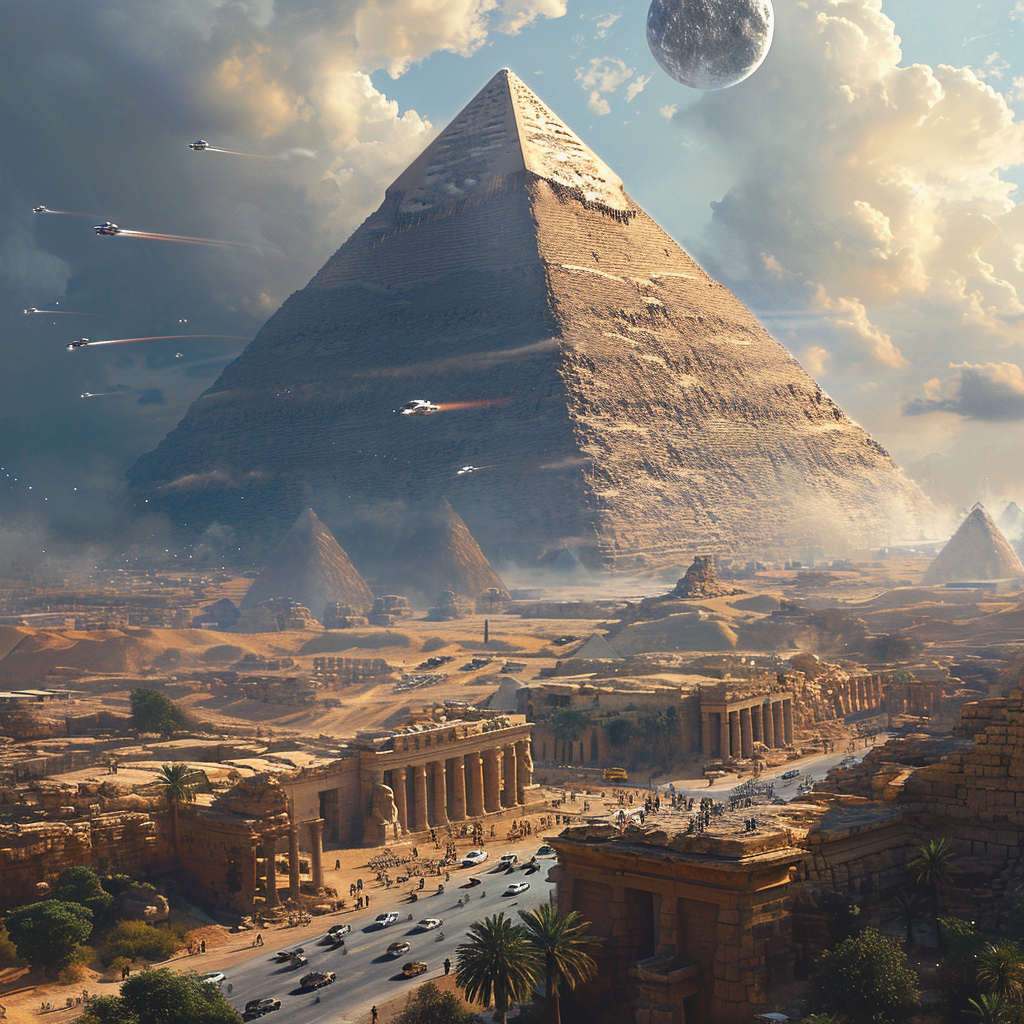 Futuristic view of pyramids with flying cars and holograms