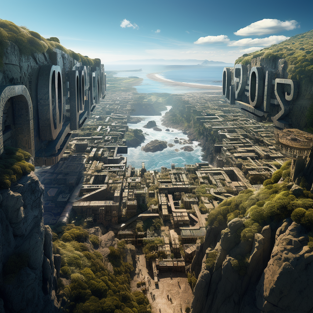 Aerial View of Futuristic Village with Unknown Letters