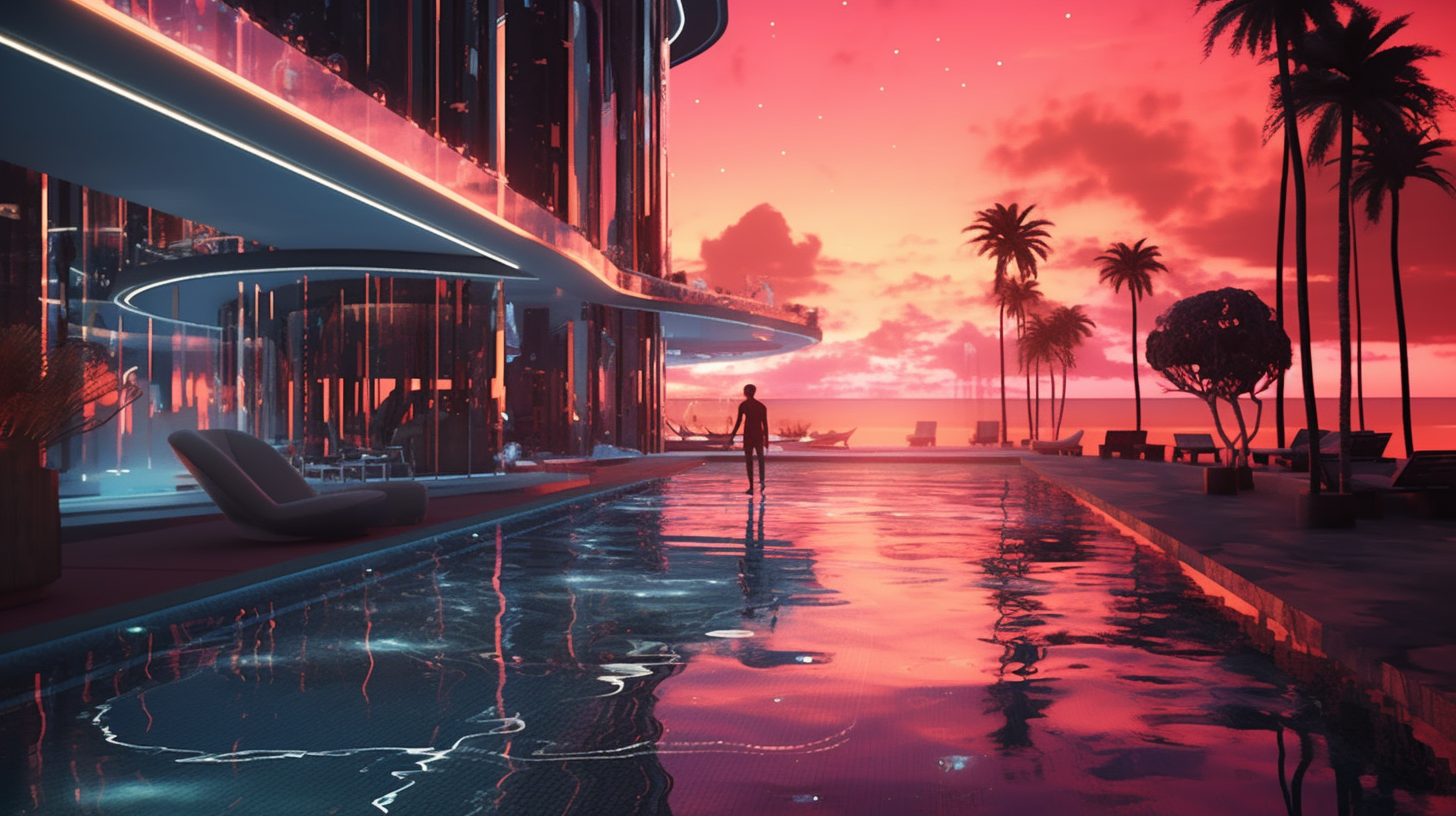 A Cyberpunk Sunset at the Futuristic Virtual Swimming Pool