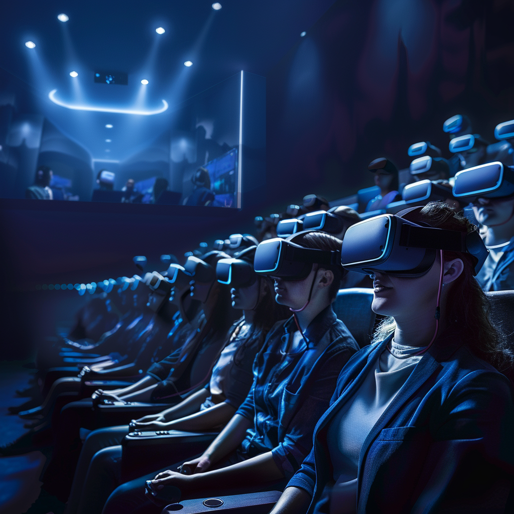 Futuristic VR theater crowd scene