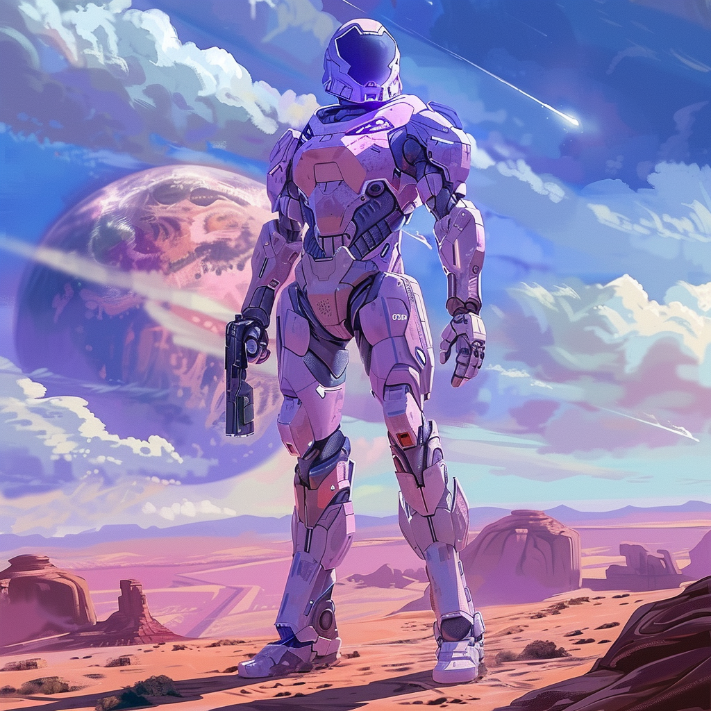 Futuristic purple warrior in desert