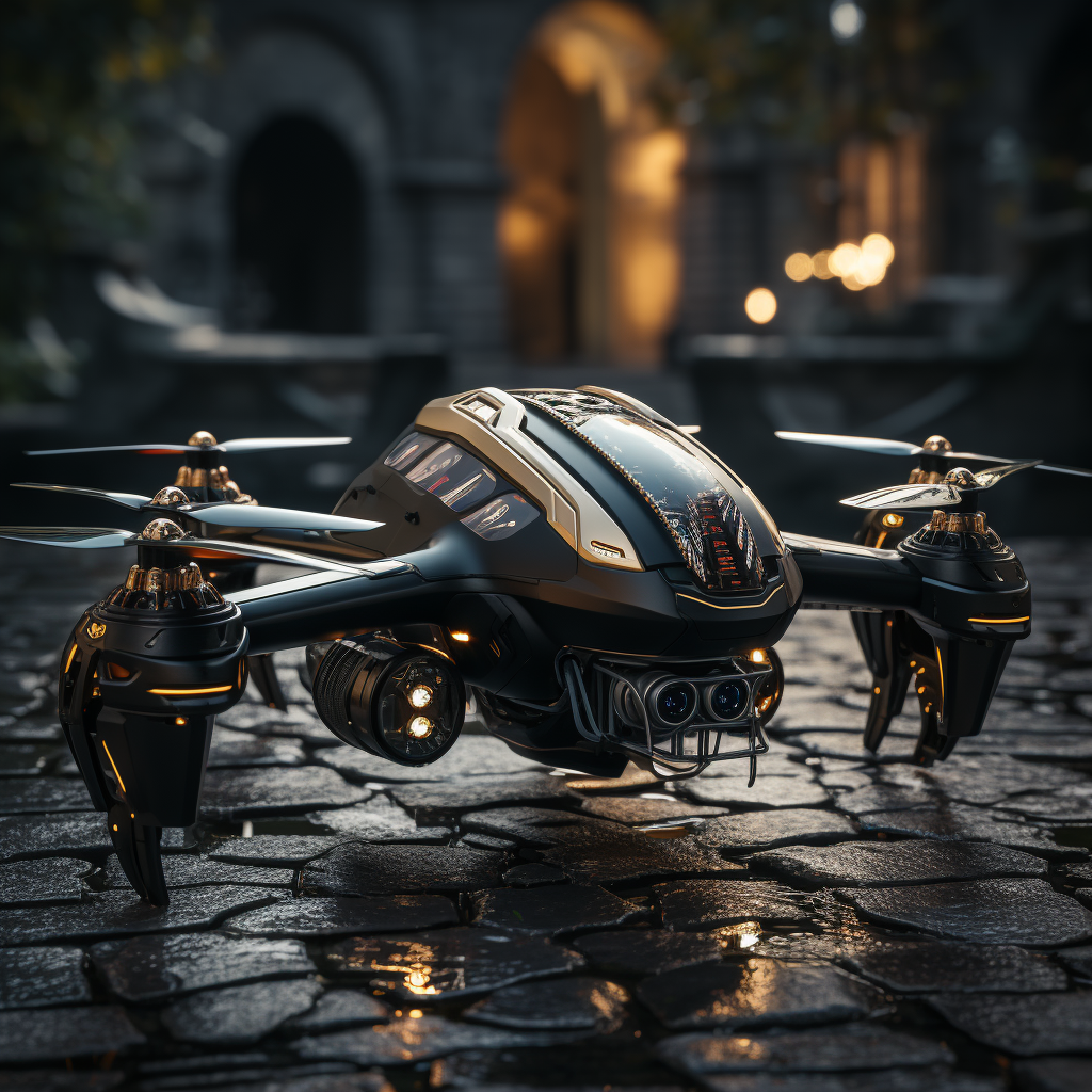 Image of futuristic warrior drone in dark modern city