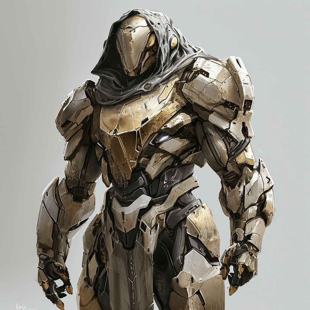 Futuristic warrior in heavy armor with gold skin